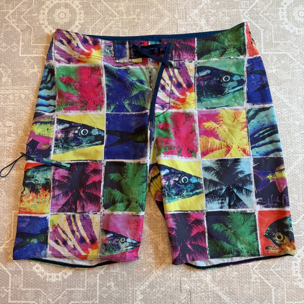 Salt Life Board Shorts Mens 34 Multi Color Tropical Fish Palm Tree Swim Trunks